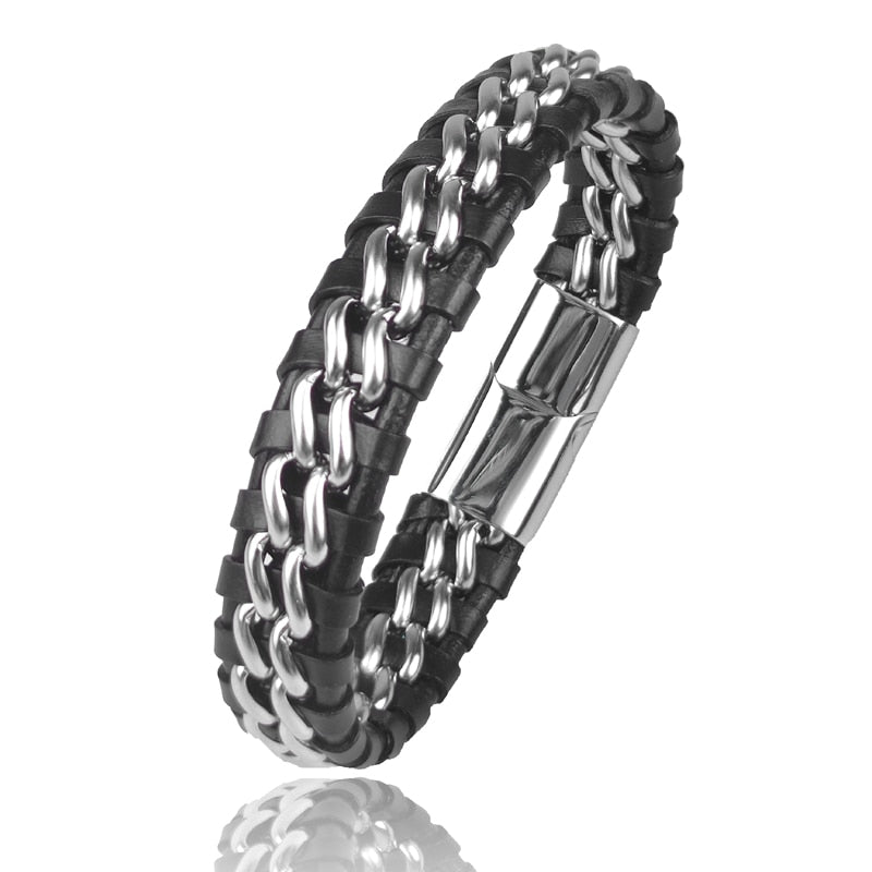 Pulseira de Corrente em Couro com Fecho Magnético em Aço Inoxidável
