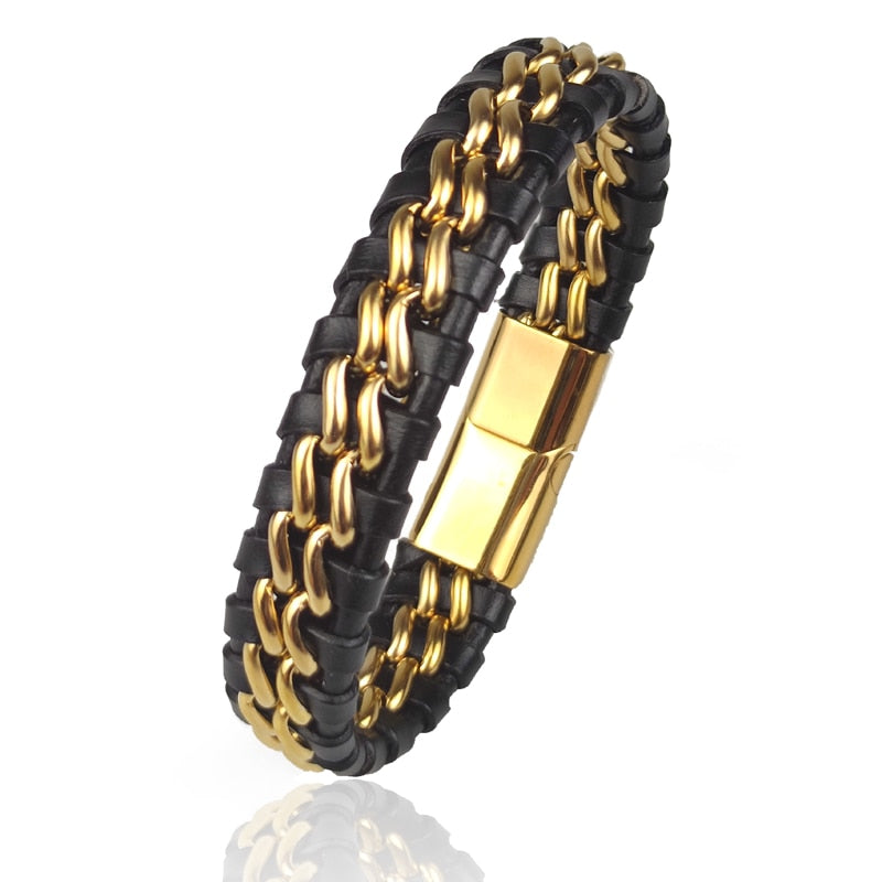 Pulseira de Corrente em Couro com Fecho Magnético em Aço Inoxidável