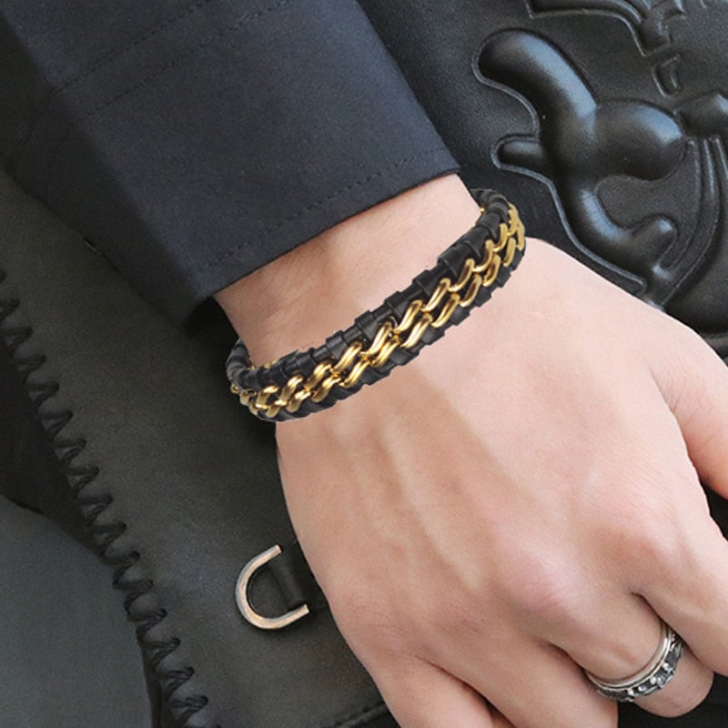 Pulseira de Corrente em Couro com Fecho Magnético em Aço Inoxidável