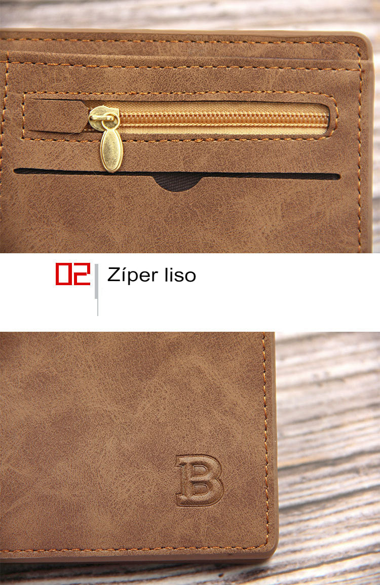 Carteira masculina de couro PU com zíper