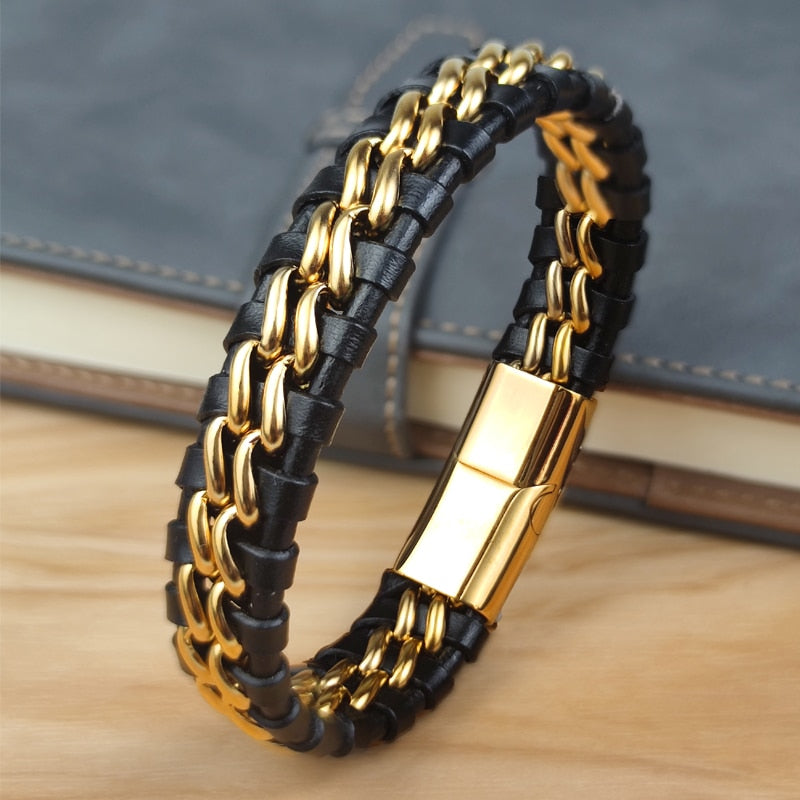 Pulseira de Corrente em Couro com Fecho Magnético em Aço Inoxidável