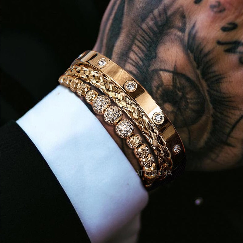 Pulseiras Masculina em aço inoxidável Chronos banhado a ouro - 3pcs